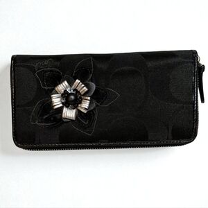 Coach Signature Jacquard Accordion Wallet Metallic Flower Applique Black Canvas